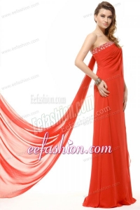 Coral Red Strapless Beading and Ruching Chiffon Prom Dress