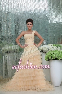 Elegant Princess One Shoulder Brush Train Champagne Appliques and Ruching Chiffon Prom Dress