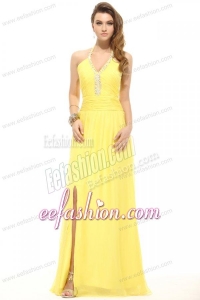 Empire Light Yellow Halter Top High Slit Beading Chiffon Prom Dress