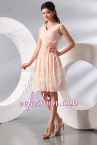 Empire V-neck Champagne Hand Made Flower and Ruching Short Prom Dress