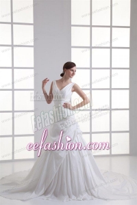 Gorgeous V-neck A-line Cathedral Train Wedding Dress with Appliques and Beading