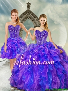 Luxurious and Popular Beading and Ruffles Quince Dresses in Purple and Blue for 2015