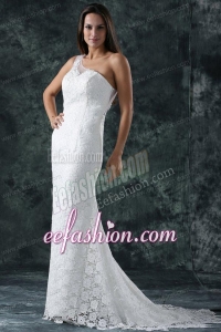 Mermaid Embroidery One Shoulder Lace Sweep Train Wedding Dress
