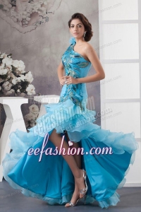 Mermaid One Shoulder Blue Appliques and Ruffled Layers Orange Prom Dress