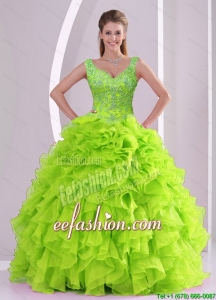 New Arrival and Discount Beading and Ruffles Quince Dresses in Green