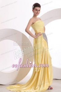 New Column Strapless Ruching Yellow Chiffon Prom Dress with Brush Train
