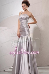 One Shoulder Silver Prom Dress with Beading and Ruching