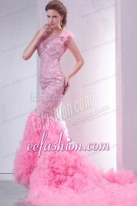 Pink Mermaid V-neck Chapel Train Wedding Dress with Beading
