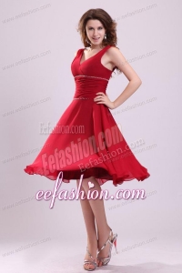 Popular A-line V-neck Prom Dress in Wine Red with Knee-length