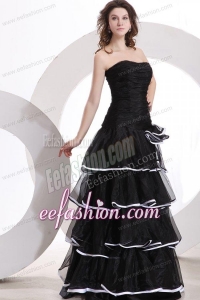 Princess Strapless Ruffled Layers Black Organza Floor-length Prom Dress