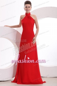 Red Halter Top Neck Empire Chiffon Ruche Prom Dress with Sweep Train