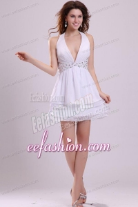 Sexy Beaded Halter Top Prom Dress in White Color