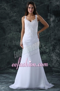 Simple Column Straps Chiffon Brush Train Lace Zipper Up Wedding Dress
