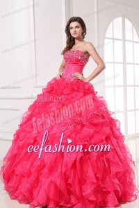 Strapless Organza Coral Red Quinceanera Dress with Beading and Ruffles