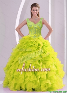 Trendy And Pretty Beading And Ruffles Yellow Green Quince Dresses