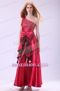 Wine Red One Shoulder Sequins and Bow Ankle-length Prom Dress