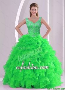 Wonderful and New Style Beading and Ruffles Spring Green Quinceanera Dresses