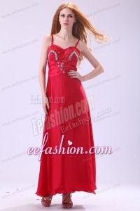 2014 Column Straps Ankle-length Beading Red Chiffon Prom Dress
