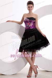 A-line Black and Purple Appliques Beading Tulle Strapless Prom Dress