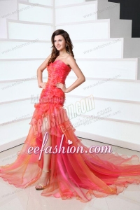 A-line Coral Red Sweetheart Ruching and Beading Court Train Prom Dress