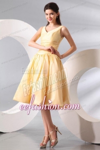 A-line Light Yellow V-neck Knee-length Ruching Prom Dress