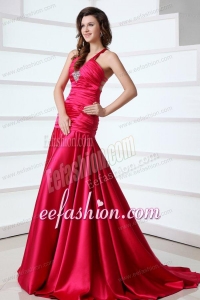 A-line Red Halter Top Neck Beading Prom Dress with Court Train