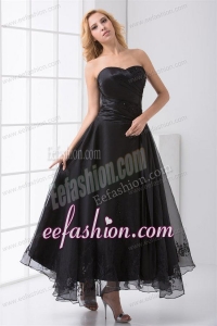 A-line Strapless Black Ankle-length Embroidery Prom Dress