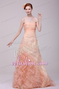 A-line Strapless Floor-length Peach Zipper Up Organza Prom Dress with Ruching