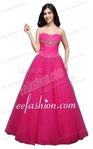A-line Strapless Hot Pink Appliques Organza Beading Prom Dress