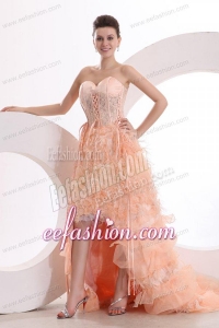A-line Sweetheart Peach High-low Ruffles Organza Prom Dress with Lace Up