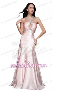 A-line V-neck Beading Side Zipper Long Prom Dress in Baby Pink
