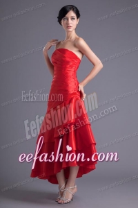 A-line Wine Red Strapless Ruching Asymmetrical Prom Dress