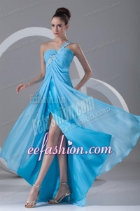 Aqua Blue Empire One Shoulder Appliques Chiffon Prom Dress with Criss Cross