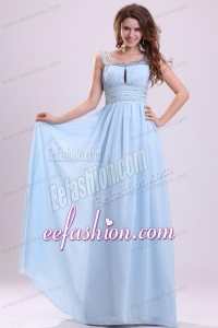 Baby Blue Empire Beading Scoop Floor-length Chiffon Prom Dress with Side Zipper