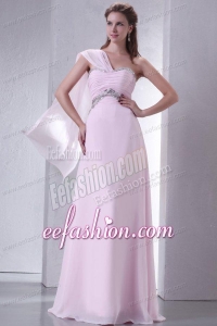 Baby Pink One Shoulder Beaded Decorate Chiffon Empire Prom Dress