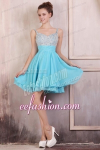Beaded Decorate Brust Straps Chiffon Knee-length Aqua Blue Prom Dress