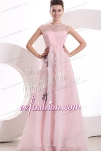 Beautiful Empire Pink Organza Appliques Prom Dress with High Neck