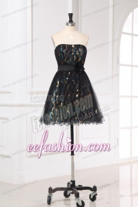 Black Mini-length Short Prom Dress with Flowers Belt