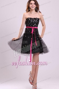 Black Strapless Prom Dress with Pink Sash and Sequins