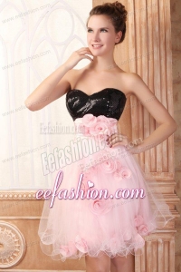 Black and Pink Sweetheart Hand Made Flowers Mini-length Prom Dress