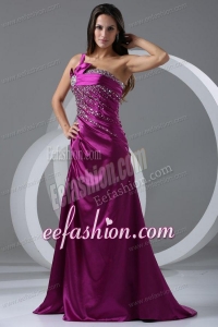 Brush Train Purple A-line One Shoulder Prom Dress with Beading