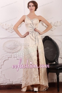 Champagne Column One Shoulder Beaded High Slit Prom Dress