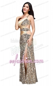 Column Champagne One Shoulder Sequins Ruching Floor-length Prom Dress