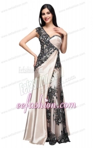 Column One Shoulder Lace Champagne Ruching Long Prom Dress