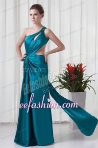 Column One Shoulder Teal Ruching Elastic Woven Satin Prom Dress with Criss Cross