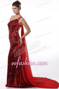 Column One Shoulder Wine Red Watteau Train Sequins Prom Dress