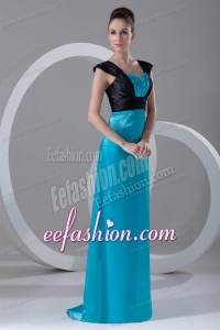 Column Straps Blue and Black Ruching and Appliques Elastic Woven Satin Prom Dress