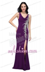 Column V-neck Purple Beading High Slit Chiffon Floor-length Prom Dress