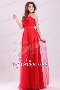 Cute Empire Sweetheart Red Floor-length Tulle Prom Dress with Ruching