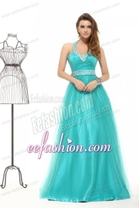 Elegant Turquoise Beading A-line Halter Lace Up Tulle Prom Dress